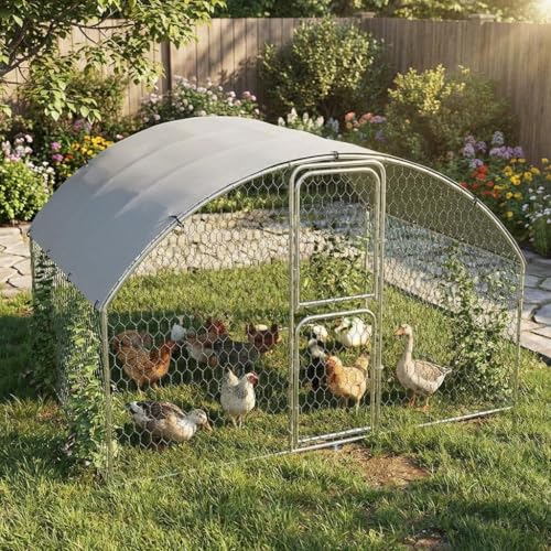 Large Metal Chicken Coop, Dome Shape Chicken Coop with Double Door, Chicken Run with Waterproof and Anti-UV Cover for Outdoor Farm Yard (6.5'L x 9.8'W x 6.6'H)