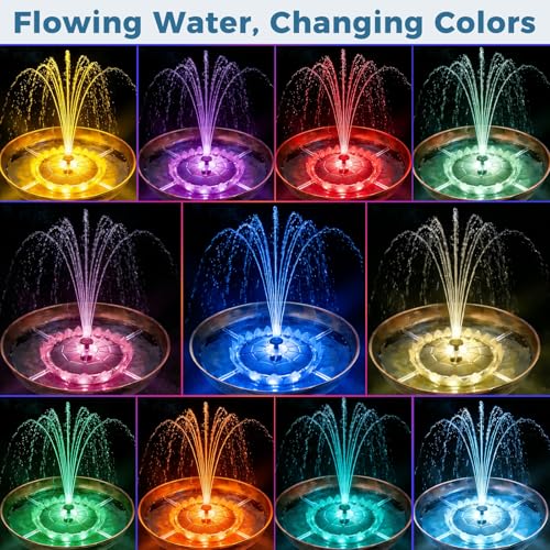 6.3" Solar Bird Bath Fountain, Lotus Design with LED Lights | 3.7V 1500mAh Battery, 23 LED Lights, 7 Color Modes, 5 Adjustable Nozzles, 50-55cm Lift Height, Anti-Floating Poles