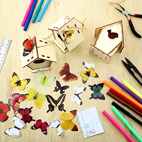 Outus 12 Pcs Wooden Birdhouse Craft Kits to Build, 4 Shapes Wooden Unfinished Bird House with Butterfly Sticker for and Arts Crafts Bulk Painting Kits(Classic Style,3.6×4 Inch) - style: Classic