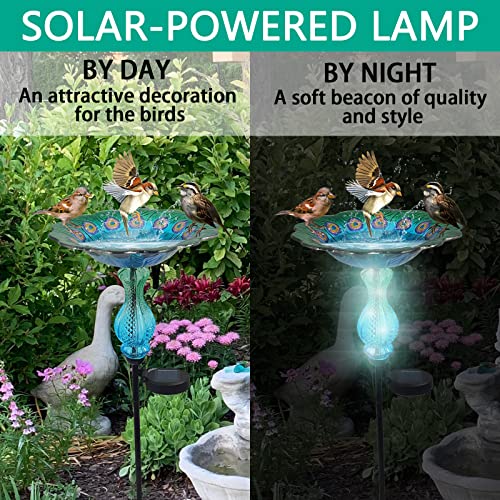 John's Studio Peacock Bird Bath for Outdoor - Glass Bowl Solar Light Cage Outside Dish Bird Feeder with Metal Stake for Garden, Yard and Patio - 32 inches - color: Peacock Stake