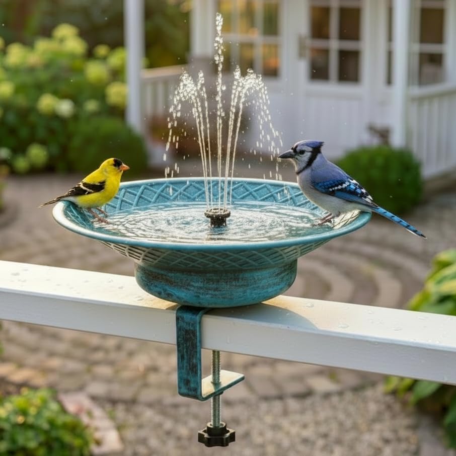 12.6" Solar Bird Bath for Deck Railing, Detachable Metal Bird Bath Bowl | Deck Bird Bathwith 3.5" Sturdy Clamp, Adjustable Deck Bird Feeder for Outside, 2-in-1 Bird Bath for Patio - color: Blue