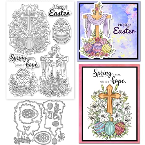 GLOBLELAND Easter Crosses Clear Stamps and Metal Die Cuts Easter Eggs Transparent Stamp Spring Flowers Cutting Dies for Card Making Embossing Scrapbooking - style: Easter Crosses