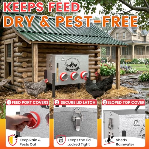 7-Gal Metal Automatic Chicken Feeder with 6 Feeding Ports | 35LB Capacity, Anti-Waste Design, Rust-Proof Alloy Steel, Clear Viewing Window, 3-Level Legs for Outdoor Chicken Coops - size: 7GAL-35LB