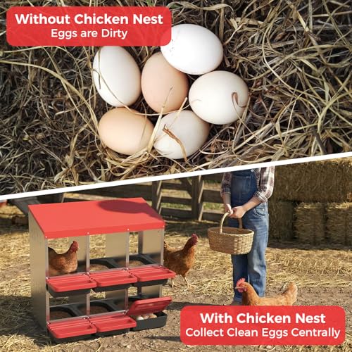 Garvee 6-Hole Chicken Nesting Box with Removable Lid, Metal Chicken Coop with Roll Away Design/Easy Egg Collection/Ventilation Holes, for Chicken Coops, Duck Coops and Hens (RED) - color: RED, size: 6-Hole
