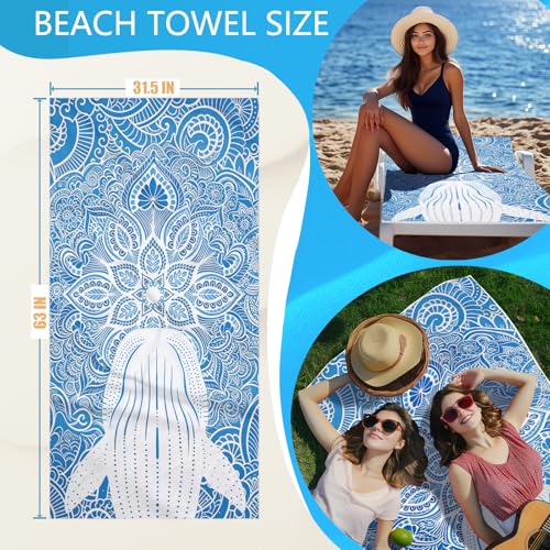 2-in-1 Convertible Towel & Backpack Microfiber Beach Towel Bag with Boho Whale - color: Mandala Whale Blue