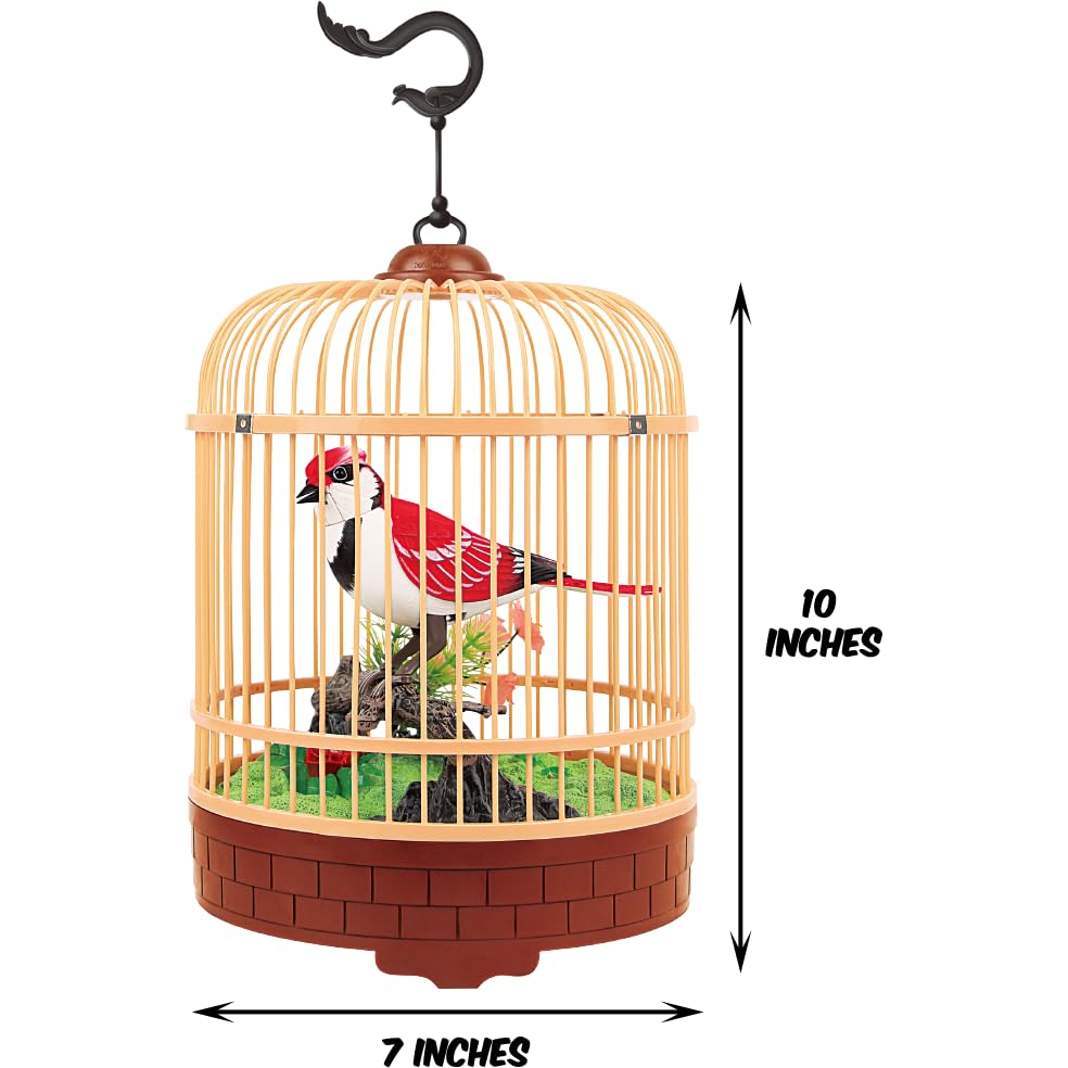 PowerTRC Singing & Chirping Bird in Cage, Realistic Sounds & Movements, Sound Activated, Battery Operated, Great Desk and Room Accessory, Pet Caged Bird Toy (10” x 7”) - color: #2 Red & White