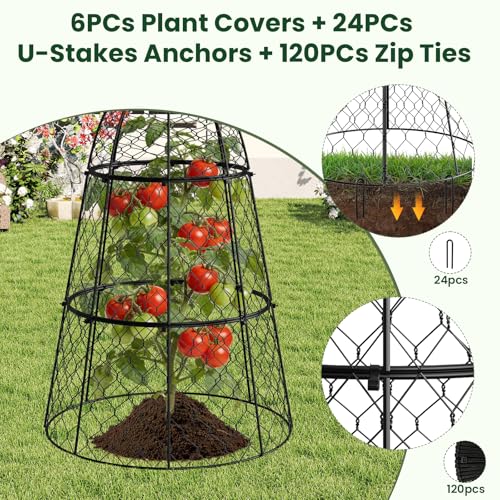 6 Pack Garden Cloche Plant Protectors from Animals, Adjustable 3-Tier Chicken Wire Plant Cages for Outdoor Plants, Stackable Metal Garden Cloches Keep Rabbits, Squirrels & Birds Away, 17.3" x 11.4" - size: 17.3" x 11.4"