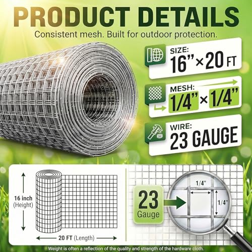 HIHADUUM 16'' x 20' Hardware Cloth 1/4 inch 23 Gauge, Hot-dip Galvanized After Welding, Chicken Coop Wire Fence Wire Mesh Screen, Rabbit/Snake Fences, Netting Wire Cloth Galvanized Wire Mesh Roll | Rust-Resistant Protection for Gardens, Poultry & Outdoor