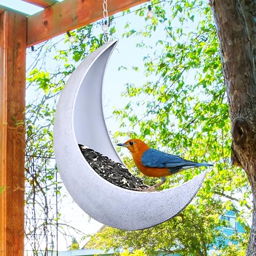 Hanging Moon Bird Feeder – Unique Metal Bird Feeders for Outdoors, Rustic White, Rust-Resistant, Wild Bird Feeder for Bluebirds, Cardinals, Finches, and Backyard Birdwatching - color: Rustic White