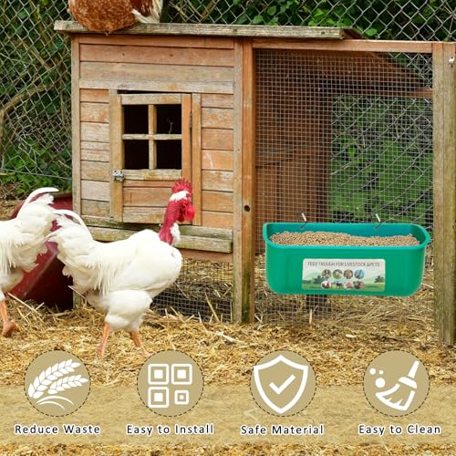 6 Pack Fence Feed Feeder 4.5 Quart Hanging Chicken Feeder Trough with Brush & Scoop Green Goat Hanging Fence Feeders Feeder with Hooks Screws & Zip Tie for Livestock Feeding Container Goats Supplies - color: Green, size: 6 Pack