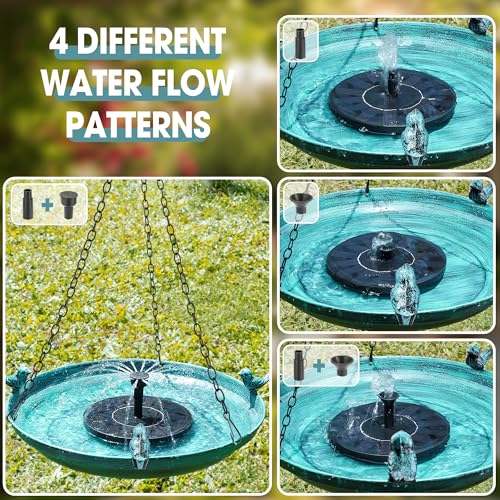 DazSpirit 14.9" Hanging Bird Bath with Solar Fountain for Outdoors | Metal Birdbath with Fixed Solar Panel, 4 Nozzles & 3 Removable Decorative Birds for Garden, Patio, Porch & Yard Gifts