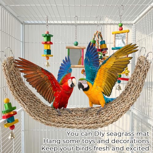 39 x 7.5 Inches Seagrass Mat Natural Woven Net Bird Hammock with Hooks Climbing Rope Ladder Chew Toy Cage Accessories for Parrots Cockatiels Hamsters Rats Guinea Pigs Bearded Dragons