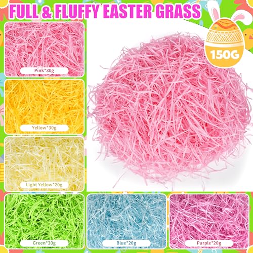 Seifar 5.3oz/150g Easter Grass Basket Filler, Green Pink Yellow Pueple Blue Recyclable Shred Paper Shred Fillers Easter Basket Grass for Easter Gift Basket Gift Wrapping Party Decorations - color: Mix Color, size: 150g