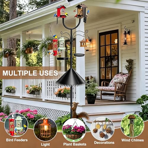 U-Shape 92" Bird Feeder Pole, Squirrel Proof 5-Prong Base for Bird Buddy | Squirrel baffle, 4 shepherd hooks, seed & birdbath tray; U-shape mount holds smart feeders & bird houses for yard garden