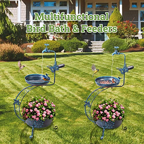 VEWOGARDEN Vintage Solar Bird Bath for Outside Garden with Planter, Outdoor Metal Standing Birdbath for Garden Yard Patio Decoration, Blue - color: Blue