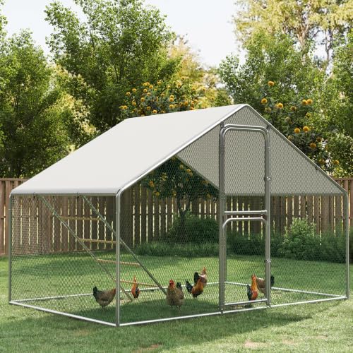 Metal Chicken Coops Walk-in Chicken Run with Waterproof Hardware Cloth Cover Poultry Cage with Split Double Door - color: Silver, size: 120.0"L x 79.0"W x 79.0"H