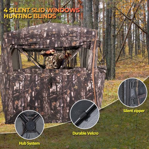Portable Hunting Blind 360° Degree See Through with Carrying Bag, 2-3 Person Pop Up Ground Blinds with Silent Zipper Door & Sliding Windows, Resilience Tent for Deer & Turkey Hunting - color: Dark Woodland Camouflage