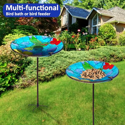 Glass Bird Bath for Outdoor, Birdbath Garden Décorations-Hummingbird Blue | Bird Bath, Birdbaths for Outside Bird Feeders with Metal Stake, Hummingbird Standing Small Bird Baths Bowl - color: Standing Hummingbird Blue