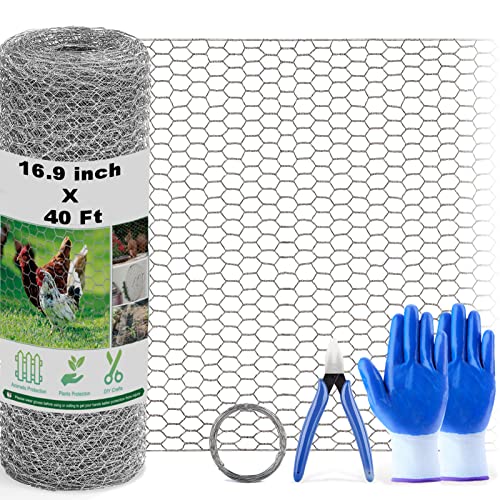 Chicken Wire Fencing Mesh, 16.9 Inch x 40 Feet Metal Floral Chicken Wire Fence for Crafts Poultry Garden, 0.6 Inch Hexagonal Galvanized Hardware Cloth Netting for Chicken Coop Barrier Rabbit Cage - size: 16.9in x 40ft