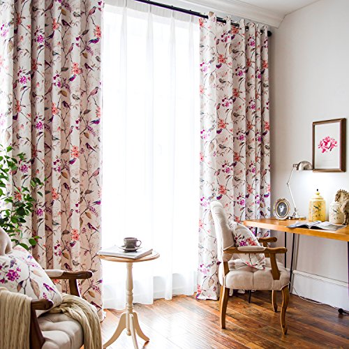 Purple Bird Print Linen Textured Curtains, 52 x 63, 1 Panel, Grommet | Well Made Finish, Soft Thick Fabric, Retro Country Style, Drapes for Bedroom and Living Room Windows - color: Purple, size: 52"W x 63"L (Pack of 1)