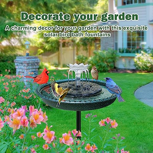 Bird Bath with Solar Fountain, Durable 5-Prong Base Solar Bird Bath with Stable Metal Stake, Detachable Solar Powered Bird Baths for Garden Outdoor Yard Lawn, Spotted Green