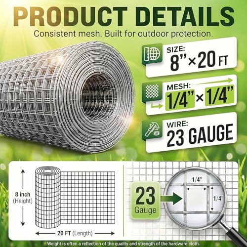 HIHADUUM 8'' x 20' Hardware Cloth 1/4 inch 23 Gauge, Hot-dip Galvanized After Welding, Chicken Coop Wire Fence Wire Mesh Screen, Rabbit/Snake Fences, Netting Wire Cloth Galvanized Wire Mesh Roll - size: 1/4 inch 8in x 20ft-Silver