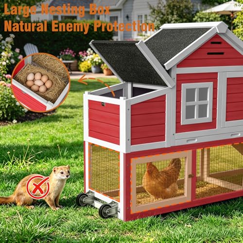 Chicken Coop with Run, Mobile Chicken Coop with Wheels for 4-6 Chickens, Large Outdoor Hen House with Nesting Box, Weatherproof Asphalt Roof, Pull-Out Tray for Small Animals in the Backyard - color: Red