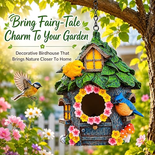 Bird Houses for Outside, Resin Hanging Birdhouse for Outdoors, Hand-Painted Waterproof Wild Bird Nesting Box for Wren Finch Chickadee, Garden Patio Yard Decorative