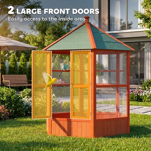 PawHut 44" Hexagon Covered Canopy Bird Cage with Stand Orange | Portable Aviary Flight Cage for Cockatiels, Conures, Lovebirds, Budgies & Small Birds