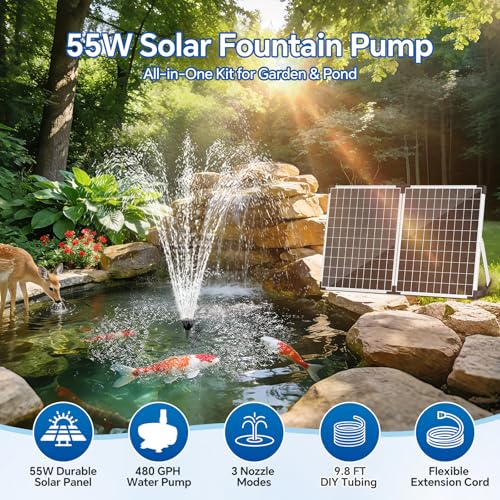55W Solar Fountain Pump, 580GPH Solar Pond Pump with Dry-Run Protection, Foldable Solar Panel, 16.5FT Cord, 10FT Extension Cable, PVC Tubing for Outdoor Ponds, Waterfall, Garden, Hydroponics - size: 55W