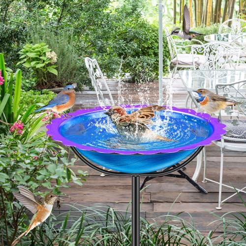 Metal Bird Bath for Outside, Garden Birdbath Bowl Freestanding Bird Feeders for Outdoors with 4 Prongs Base Stake, Standing Birdfeeders for Yard Lawn Decor (Blue Purple) - color: Blue Purple
