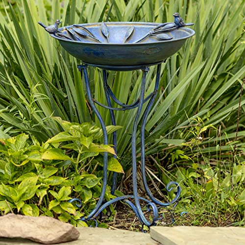Zaer Ltd. Deep Well Made Metal Birdbath with 2 Cast Iron Birds and Leaf Decoration (Frosted Blue) - color: Frosted Blue