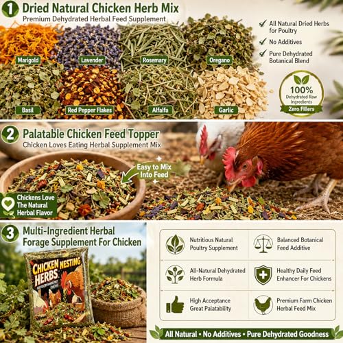 16oz Chicken Nesting Herbs, Dried Herbal Blend for Coop Bedding & Nesting Boxes, Natural Herbs for Chickens with Marigold Lavender Rosemary Oregano Basil, Red Pepper Flakes, Alfalfa, Garlic