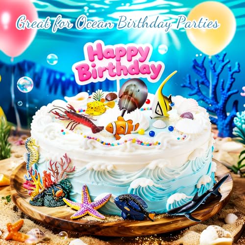 Sea Animals Toys Figures 21Pcs, Plastic Marine Creature Shark Fish Starfish Crab Lobster Octopus Seahorse Coral Jellyfish Ocean Life for Kids Birthday Party Favor Cake Decoration - style: Sea