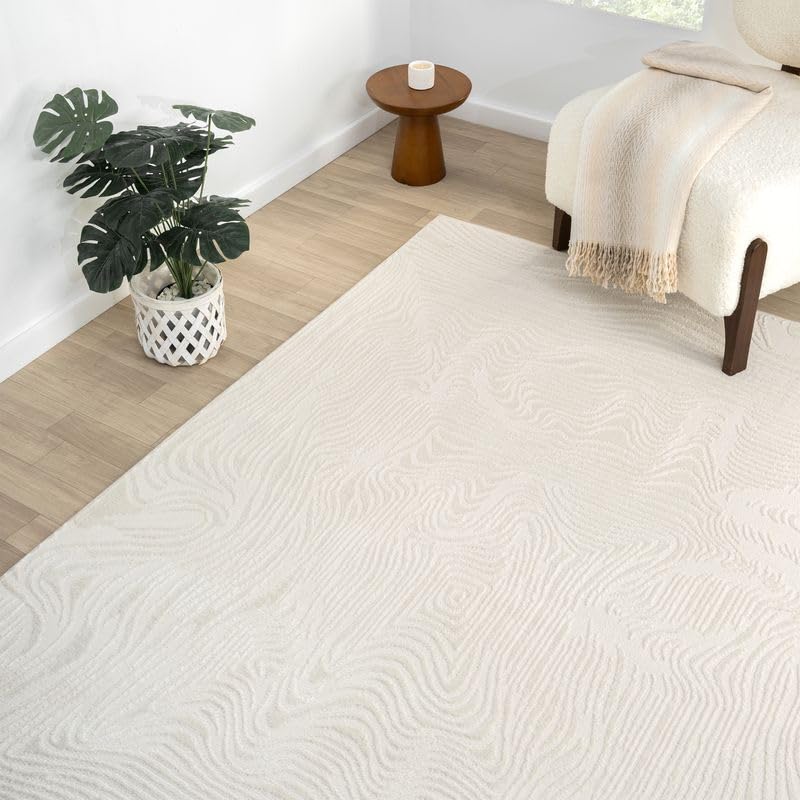 Abani Zen 4' x 6' Cream Rug – Neutral Layered Wavy Borders Pattern, Medium Soft Area Rug for Living Room & Bedroom, Durable & Easy to Clean - size: 4' x 6'