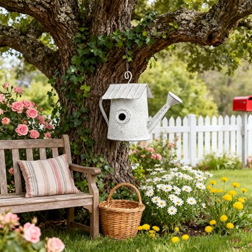 Vintage Metal Hanging Birdhouse, Decorative Bird House in Watering Can Design with Flower Accent, Rustic White Finish, Ideal for Garden and Outdoor Decor - color: White-Watering Can