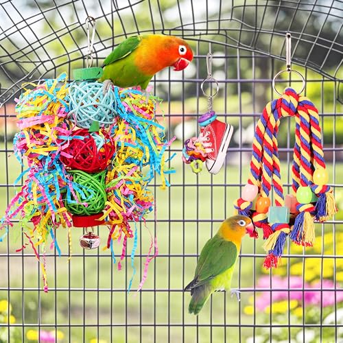 Parrot Parakeet Bird Toys, Cockatiel Budgies Cage Toys | Parrot Conure Shredding Foraging Toys with Rope Perch, Bird Cage Accessories for Cockatiel Budgies Lovebird