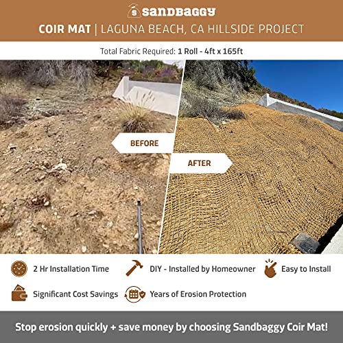 Sandbaggy Coir Mat | Erosion Control Product for Stopping Soil Erosion on Hillsides, Riverbanks & Oceanfront | Lasts 5X Longer Than Straw Blanket | Lasts 2-5 Yrs (Homeowner Size - 4 ft by 80 ft Roll) - size: 4 ft by 80 ft Roll Size or 320 sq ft