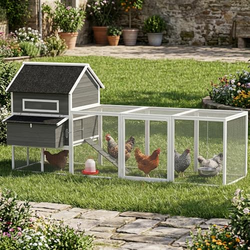 PawHut 137" Chicken Coop with Extra Large Run, for 4-6 Chickens, Dark Gray | Hen House, Wooden Rabbit Hutch Poultry Bunny Cage, Nesting Box, Waterproof Roof, for Backyard - color: Dark Gray