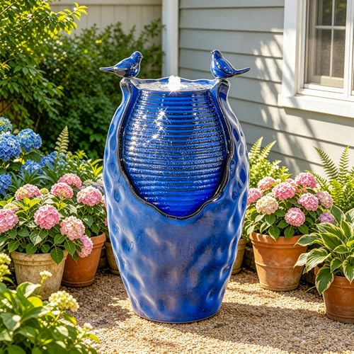 Autodaya 25" Ceramic Jar Outdoor Water Fountain with Hammered Texture | Bird-Friendly Decorative Garden Water Feature with ambiant lighting, Soothing Trickling Waterfall for Patio Backyard Oasis - color: 23.5"h-honeycomb Pot Cobalt Blue Glaze
