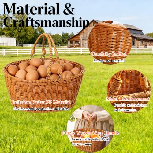 Chicken Egg Basket with Handle，Egg basket for gathering fresh eggs | Rustic woven egg basket with floral liner, holds 60-80 eggs, ideal for countertop display, collecting, or orchard harvesting