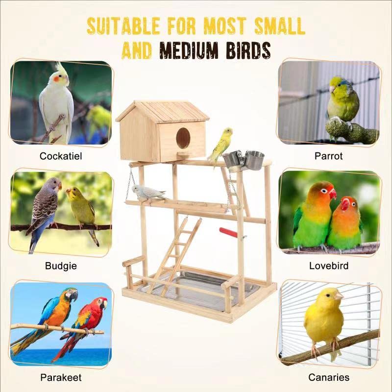 HiCaptain Large Bird Playground, 3 Layers Cockatiel Playground, Pet Parrot Playstand Gym Wooden Playpen Birds Play Stand with Nesting Box, Ladder, Feeder Cups