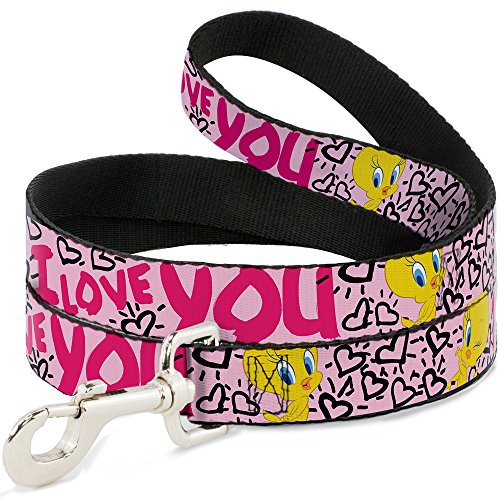 Looney Tunes Dog Leash | Tweety Bird I Love You Pink Black Durable Stylish For Walks - size: 6 Feet Long - 1/2" Wide