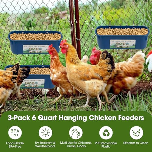 3 Pack 6 Quart Chicken Duck Feeder Trough, Blue | Fence Mount Hanging Feeder with Clips; Fits Chicken, Duck, Geese, Turkeys, Goats & All Farm Livestock Coop Feeding - color: blue