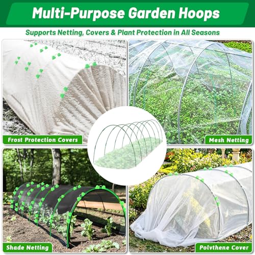 Tetutor Garden Mesh Netting Kit,7 Sets Wide Garden Hoops with 10x30 ft Garden Covers Bird Netting& 12 Clips, Garden Protection for Raised Beds Greenhouse Vegetable Plants Flowers Green - color: Green+white