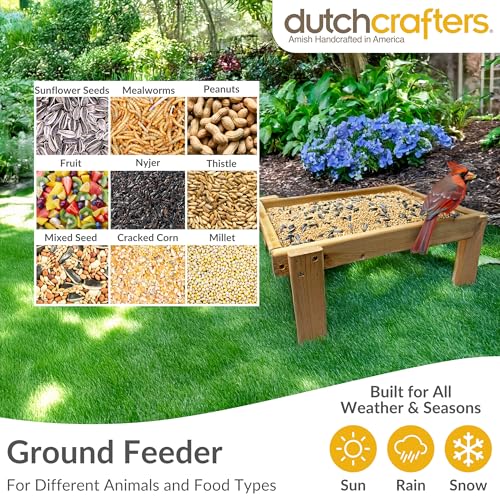 DutchCrafters Cedar Wood Large Open Ground Platform Bird Feeder Tray, Wooden Bird Seed Feeder for Outdoor Wild Birds, Animals for Outside, Garden, Yard