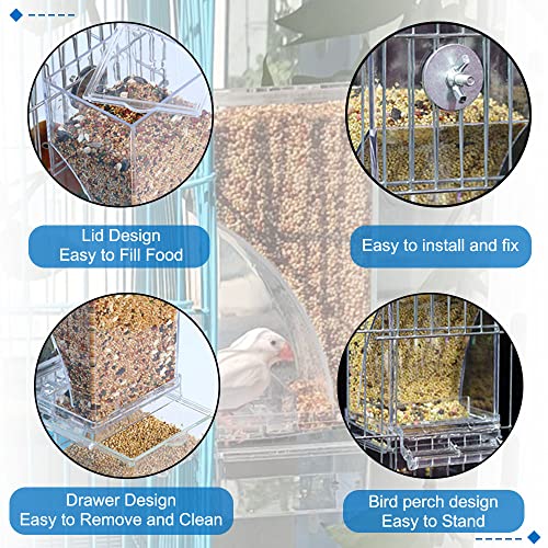 Hamiledyi No Mess Bird Cage Feeder 2Pack Automatic Parrot Seed Feeders with Perch Acrylic Transparent Seed Food Container Cage Accessories for Small and Medium Lovebirds Parakeets - color: Transparent + Perch - 2 Pcs