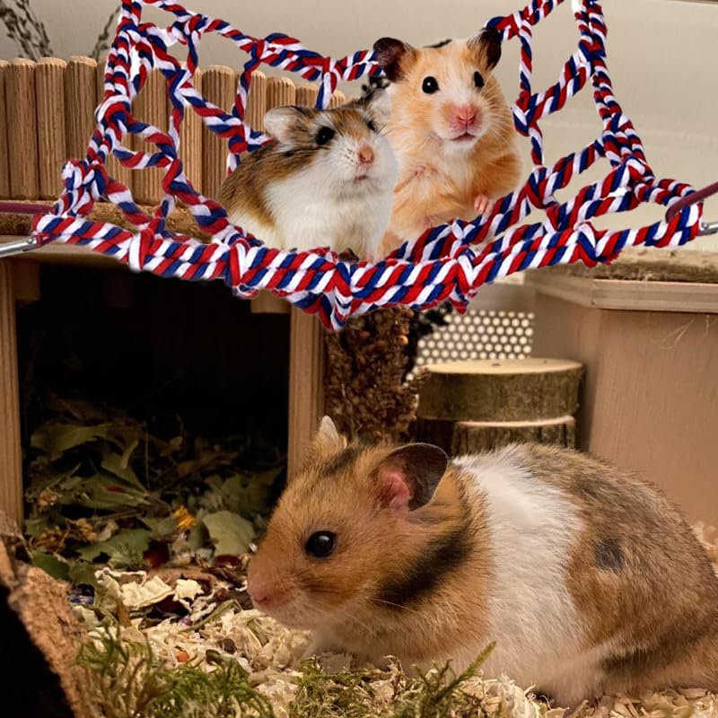 2 Pcs Cotton Rope Hammock & Bridge with 4 Hooks for Cage Accessories - Rat, Bird & Hamster (12.6 x 9.84 inch, Red) - color: red
