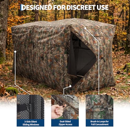 Hunting Blinds with See Through Panels, Portable Hunting Tent for Turkey Deer Duck Hunting, Pop Up Ground Blind with Silent Windows, Camo Concealment, Weather-Resistant Outdoor Shelter w/Carry Bag - size: 116.5x58.27x65.75 Inch