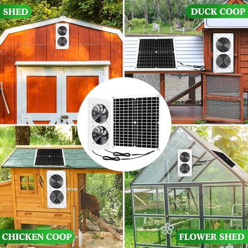 Rossesay 2 Sets 25W 12V Solar Powered Fan for Chicken Coop Waterproof Solar Panel Exhaust Fans USB Portable Metal Shell for Shed Greenhouse Outside Air Ventilation Pet Dog House